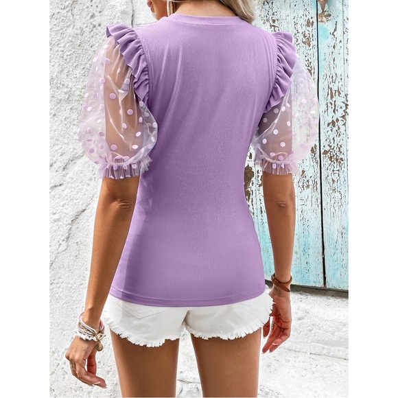 Polka Dot Flounce Sleeve Round Neck Top - Picture 3 of 5